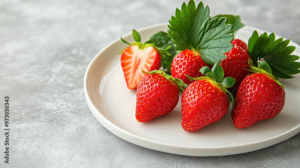 A bunch of freshly picked strawberries with their green leaves still attached, arranged on a white plate. A bunch of freshly picked strawberries with their green leaves still attached, arranged on a white plate.