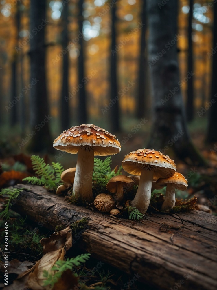 Autumn forest with fresh mushrooms on a rustic table Autumn forest with fresh mushrooms on a rustic table