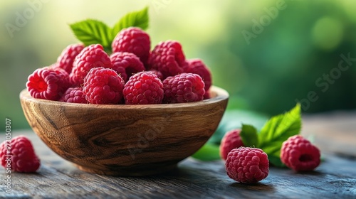 A bunch of fresh raspberries cascading from a wooden bowl, with a soft-focus background.