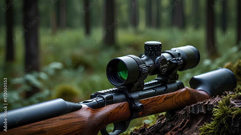 A sharp focus on the rifle scope with a beautiful forest background blurred, showcasing the advanced technology and clean lines of the hunting firearm. A sharp focus on the rifle scope with a beautiful forest background blurred, showcasing the advanced technology and clean lines of the hunting firearm.