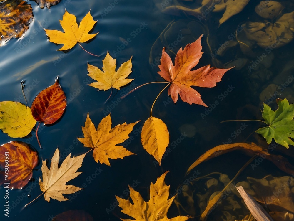 Autumn leaves on clear water surface illuminated by sunlight Autumn leaves on clear water surface illuminated by sunlight