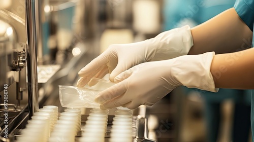 Gloved Hands Handling Plastic Packaging in a Factory Setting
