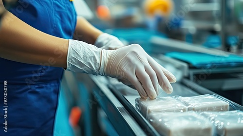 A gloved hand carefully sealing a package of food on a conveyor belt.