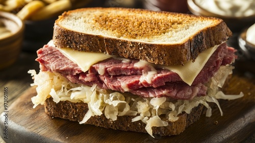 A classic Reuben sandwich with corned beef, Swiss cheese, sauerkraut, and Thousand Island dressing on rye bread. photo