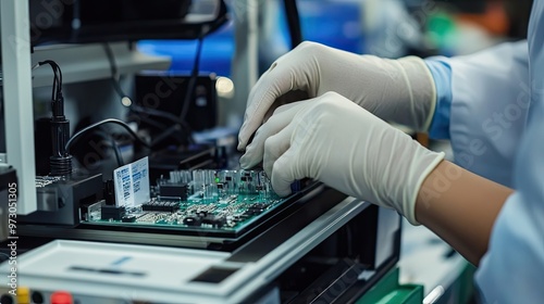 Gloved Hand Placing Electronic Component on Circuit Board