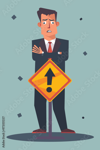 Businessman with warning sign, identifying problems, chaos in thoughts, error and risk analysis, magnifying glass investigation, vector illustration.