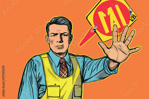 Businessman with warning sign, identifying problems, chaos in thoughts, error and risk analysis, magnifying glass investigation, vector illustration.