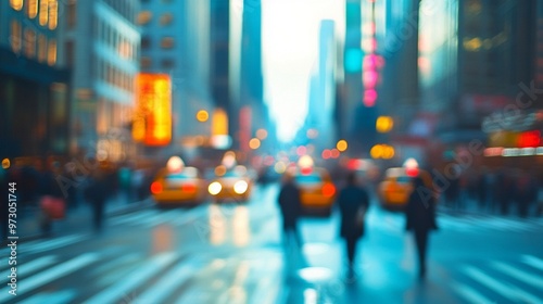 Blurred urban cityscape with vibrant lights and silhouettes of pedestrians crossing a wet street, capturing the bustling energy of a metropolis at dusk.