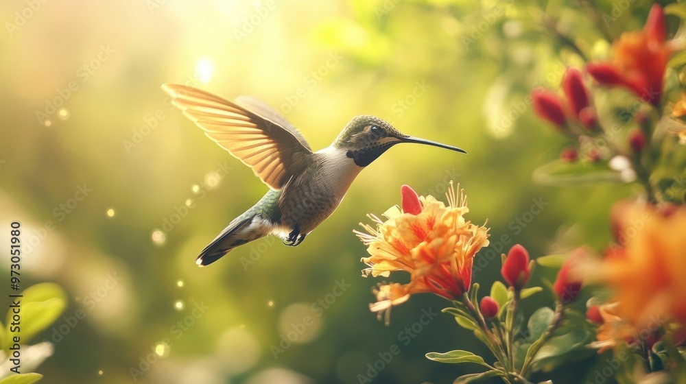 A hummingbird hovering delicately over a bright flower, its wings a blur of motion, in a serene garden setting A hummingbird hovering delicately over a bright flower, its wings a blur of motion, in a serene garden setting