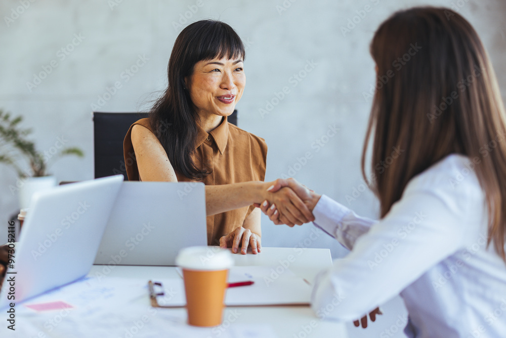Professional Businesswomen Shaking Hands at Office Meeting