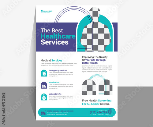 Modern medical/healthcare, with company logo, A4 size print ready, presentation, abstract, elegant, sophisticated layout Flyer design template vector design for medical and pharmacy businesses.
