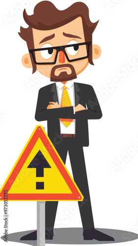 Businessman with warning sign, identifying problems, chaos in thoughts, error and risk analysis, magnifying glass investigation, vector illustration.