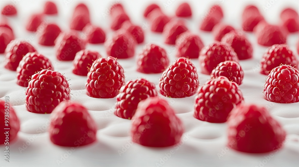 A close-up of fresh raspberries arranged in a geometric pattern on a white surface. A close-up of fresh raspberries arranged in a geometric pattern on a white surface.