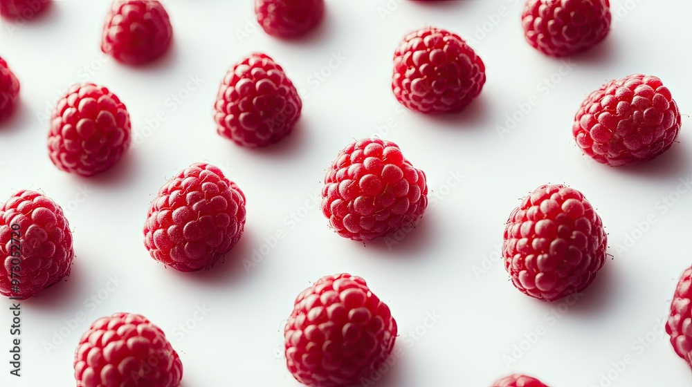 A close-up of fresh raspberries arranged in a geometric pattern on a white surface. A close-up of fresh raspberries arranged in a geometric pattern on a white surface.