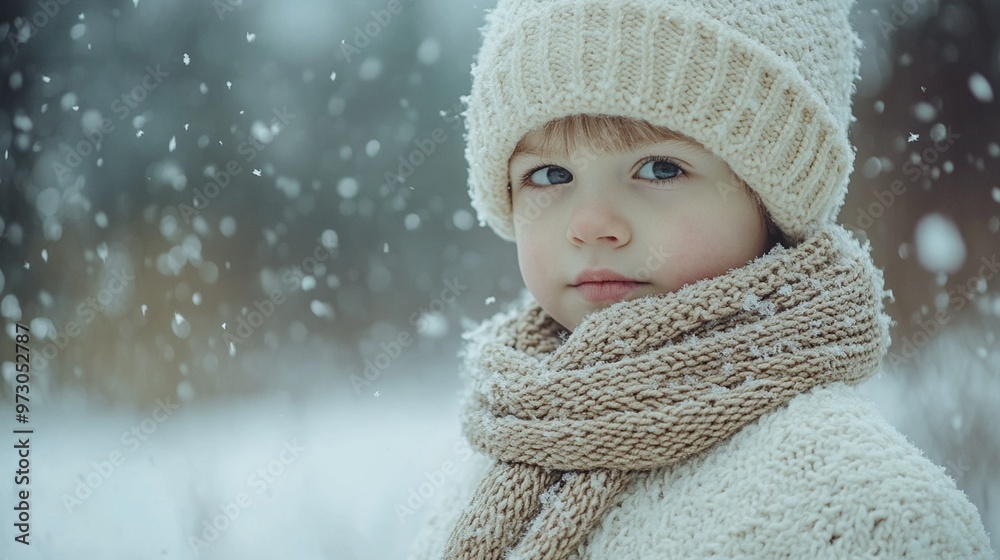 Innocent gaze of a child bundled up in warm winter attire, facing the camera with rosy cheeks as snowflakes gently fall around in a serene, frosty landscape.