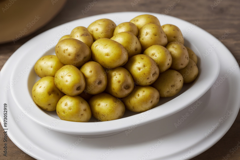 Big pile of small baked potatoes ready to be served on a dining room table Big pile of small baked potatoes ready to be served on a dining room table