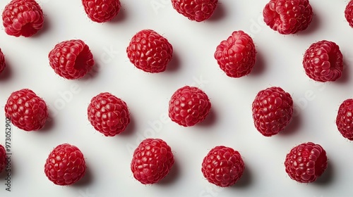 A close-up of fresh raspberries arranged in a geometric pattern on a white surface.