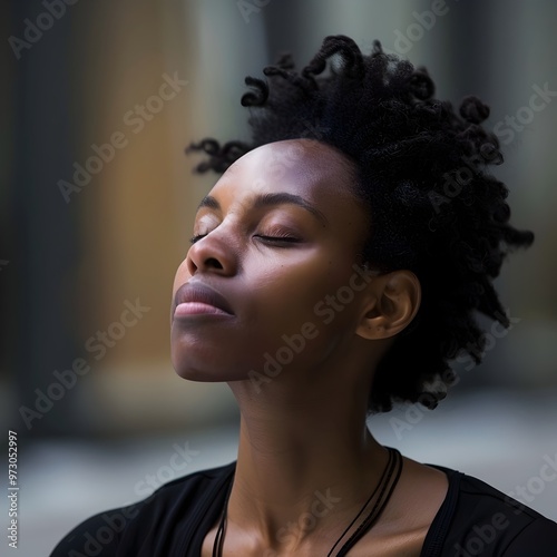 Serene African Woman Practicing Deep Breathing Exercises in Contemplative Moment of Mindfulness and Wellness