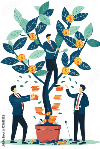 Businessmen measuring financial growth with money tree, company performance metrics, successful business analytics, income and earnings size