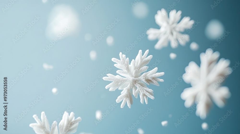 White snowflakes floating on a gradient blue background, blending cool tones with the crisp beauty of winter White snowflakes floating on a gradient blue background, blending cool tones with the crisp beauty of winter