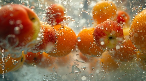 Close-up of fresh peaches and oranges submerged in water, creating a vibrant and refreshing image.