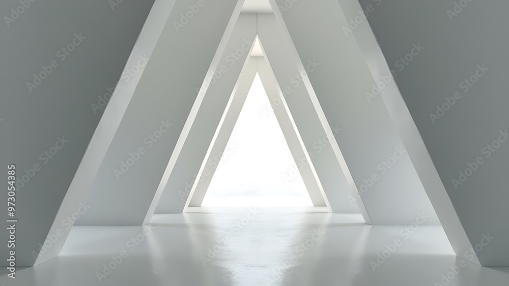Fototapeta premium Modern, minimalist corridor with triangular white walls leading to a bright light, creating a sense of depth and perspective. Perfect for architectural and design projects.