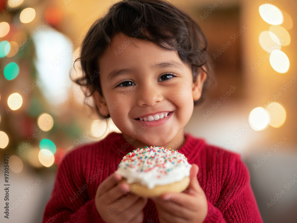 Naklejka premium child eating apple with a big smile to have a holiday cookie. Preschool toddler nutrition eat. Enjoy. Cute. Curly hair. Hispanic. Diverse
