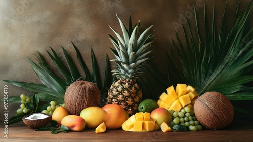 A collection of tropical fruits, including pineapples, mangoes, and coconuts, arranged on a wooden table.