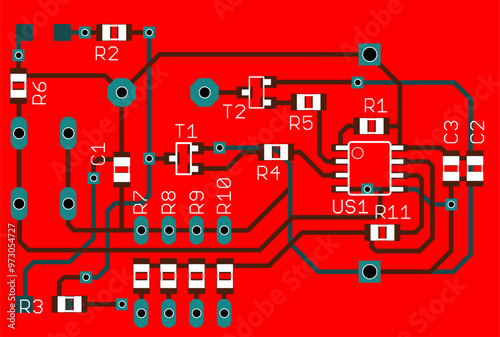 Vector printed circuit board of electronic 
device with components of radio elements, 
conductors and contact pads placed on pcb. 
Engineering technical drawing. Cad template.
Electric background.