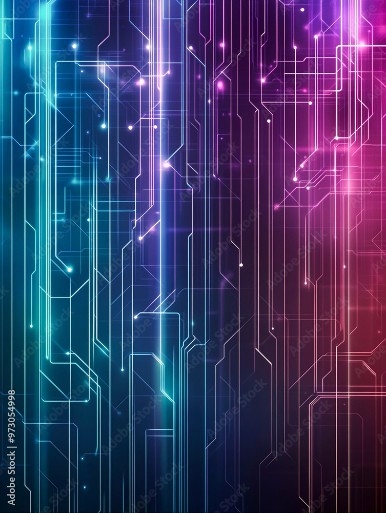 Fototapeta premium Futuristic Digital Connectivity Network Abstract Background with Dark Blues, Purples, Neon Greens | Copy Space Design