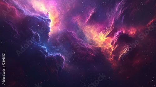 A cosmic abstract background with swirling clouds of gas and dust in deep space, glowing with vibrant colors.