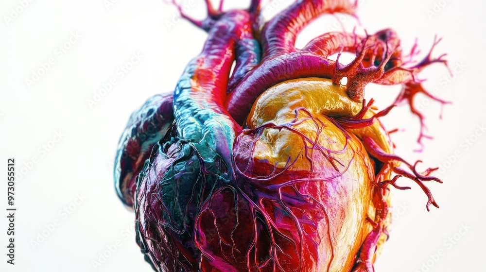 Naklejka premium An intricately detailed 3D model of a human heart, showing veins and arteries in vibrant colors for educational purposes