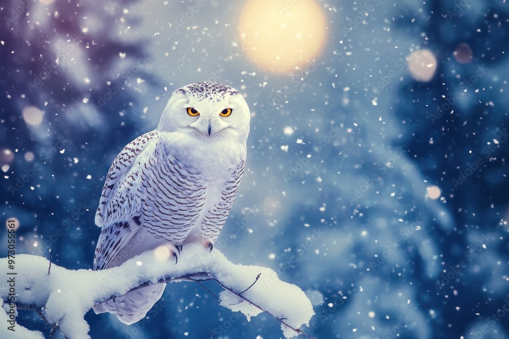 Obraz premium Majestic Snowy Owl in Winter Wonderland with Snowfall and Bokeh Lights at Dusk