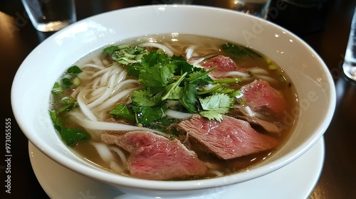 A delicious bowl of pho with rice noodles, thinly sliced beef, and fresh herbs in a flavorful broth. -