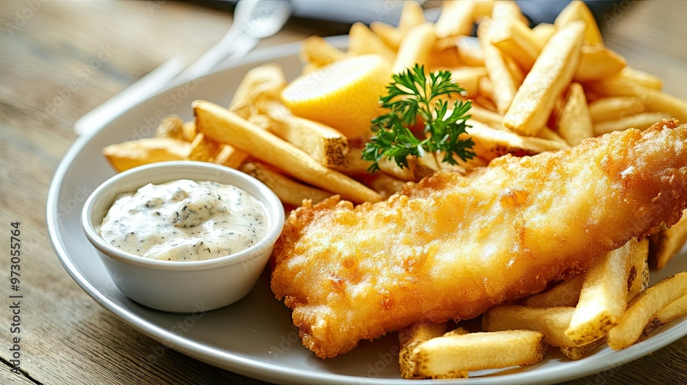 A delicious plate of fish and chips served with tartar sauce and a lemon wedge, placed on a wooden table. - A delicious plate of fish and chips served with tartar sauce and a lemon wedge, placed on a wooden table. -