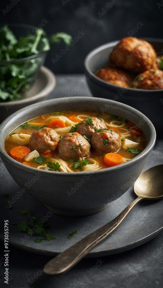 Chicken meatball soup in a grey bowl Chicken meatball soup in a grey bowl