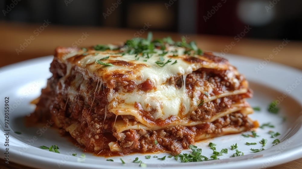 A delicious plate of homemade lasagna with layers of pasta, cheese, and a rich meat sauce, garnished with fresh herbs. A delicious plate of homemade lasagna with layers of pasta, cheese, and a rich meat sauce, garnished with fresh herbs.