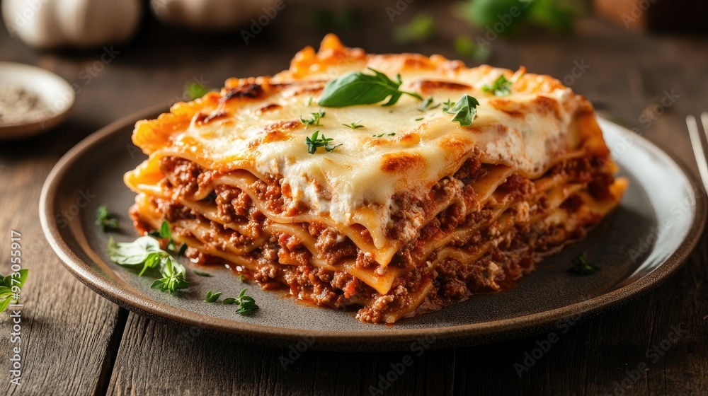 A delicious plate of homemade lasagna with layers of pasta, cheese, and a rich meat sauce, garnished with fresh herbs. A delicious plate of homemade lasagna with layers of pasta, cheese, and a rich meat sauce, garnished with fresh herbs.
