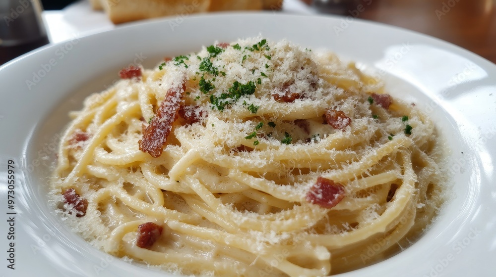 A delicious plate of spaghetti carbonara with a creamy sauce, crispy bacon, and freshly grated Parmesan cheese. A delicious plate of spaghetti carbonara with a creamy sauce, crispy bacon, and freshly grated Parmesan cheese.