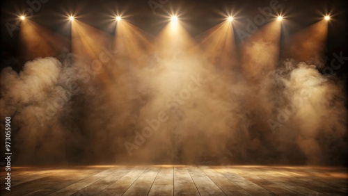 Ethereal world with mist, fog, and brown spotlights on dark stage, perfect for showcasing artistic works