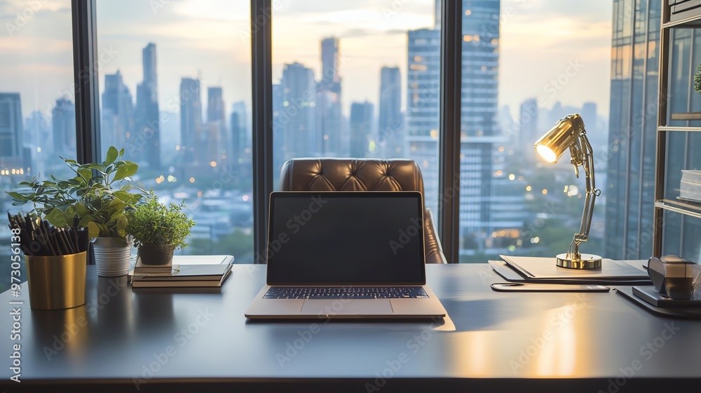 A modern office with a view of a city skyline at dusk. A modern office with a view of a city skyline at dusk.