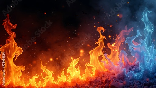 Vivid flames dancing against a black background, creating a powerful visual impact. Perfect for use in designs related to fire, energy, and heat. photo