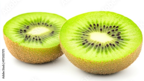 A fresh kiwi sliced in half, showing the bright green flesh and black seeds, placed on a white background.