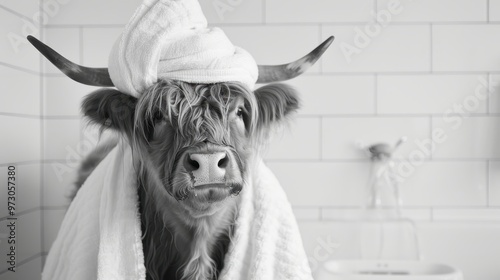 A Highland cow is taking a bath, wrapped in a towel and with another towel on its head photo