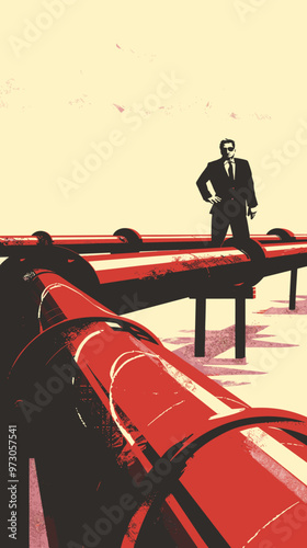 Politician or businessman pinching an oil pipeline to symbolize embargoes, sanctions, and trade restrictions.