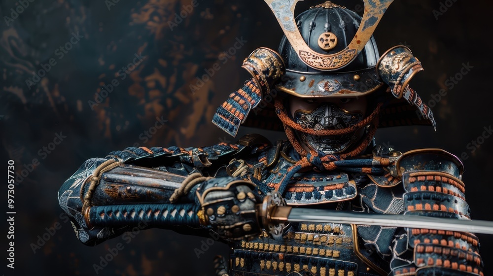 Fototapeta premium Samurai warrior in full armor, holding a katana