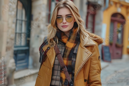 Street style image of a young woman taking a selfie outdoors.