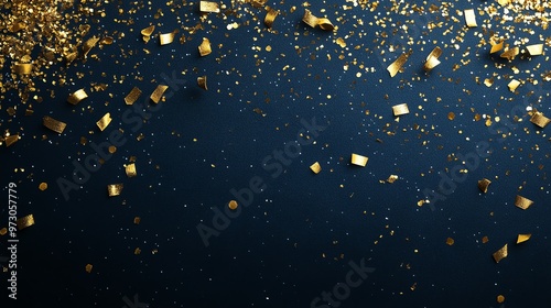 Gold confetti falling on a navy blue background.