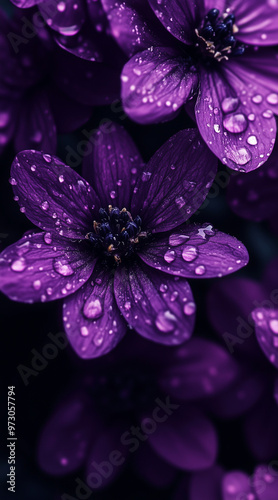 Beautiful elegant purple color flowers and waterdrops on purple color background, dark theme, wallpaper design, minimalist design 