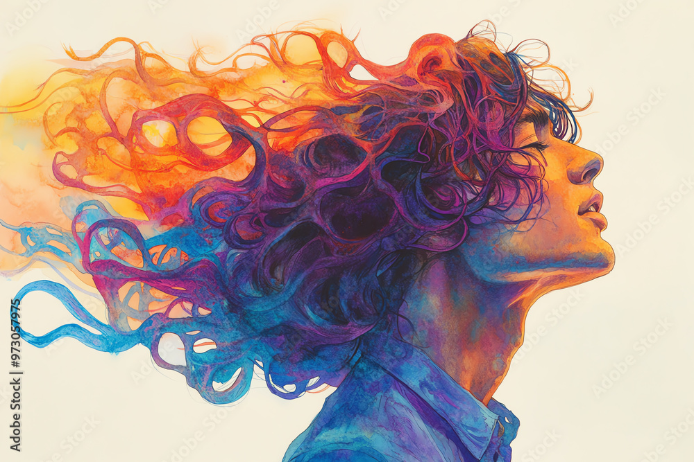 A dynamic side view of a person with flowing hair, captured in vibrant watercolor A dynamic side view of a person with flowing hair, captured in vibrant watercolor